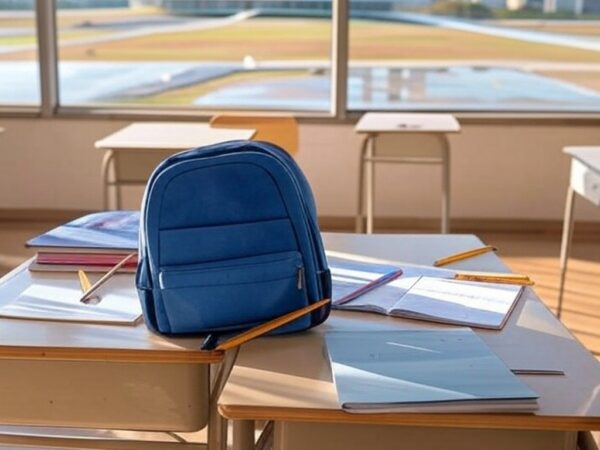 Mesa com materiais escolares em loja de Brasília, representando créditos para alunos do GDF.