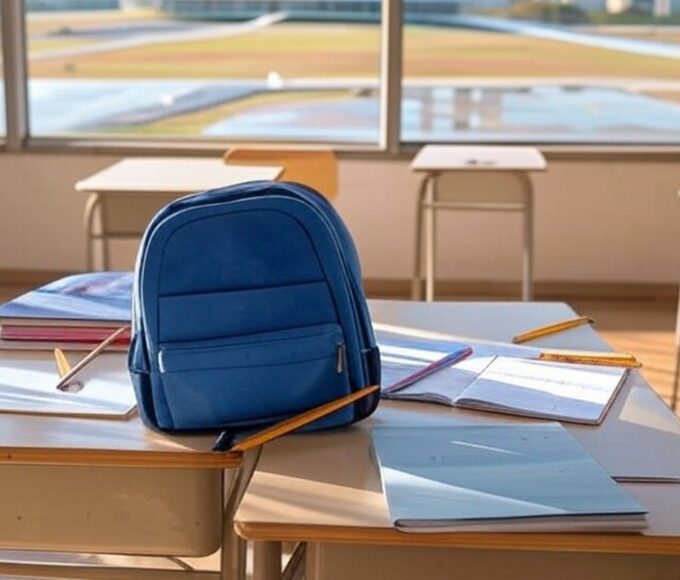 Mesa com materiais escolares em loja de Brasília, representando créditos para alunos do GDF.