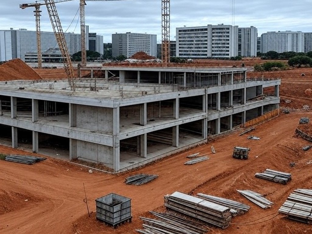 Canteiro de obras da UPA no Guará II com estruturas inacabadas e materiais espalhados, indicando atraso no cronograma em 2026.