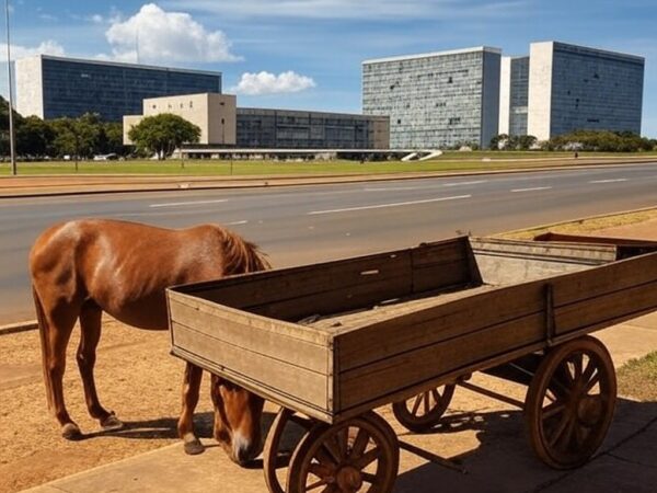 Carroça abandonada e cavalo solto em rua de Brasília, representando tolerância zero a carroças com animais no DF.