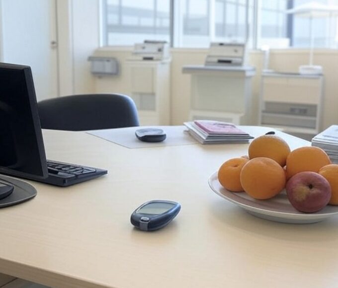 Sala de consulta no HUB com medidor de glicose e frutas para programa de prevenção à diabetes Proven-dia.