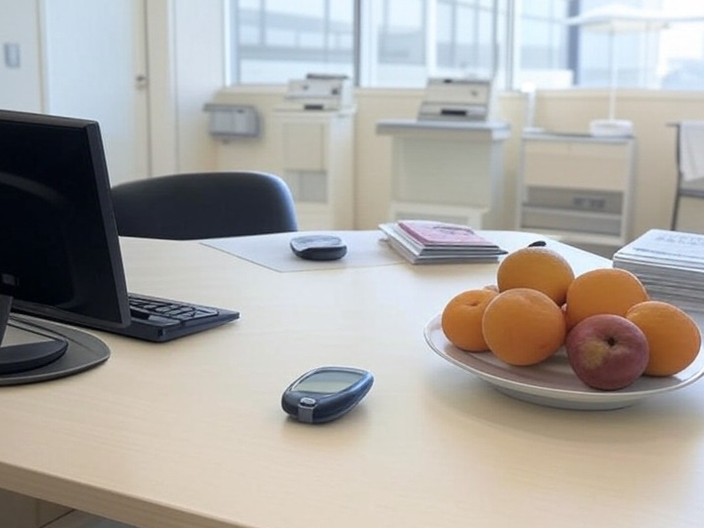 Sala de consulta no HUB com medidor de glicose e frutas para programa de prevenção à diabetes Proven-dia.