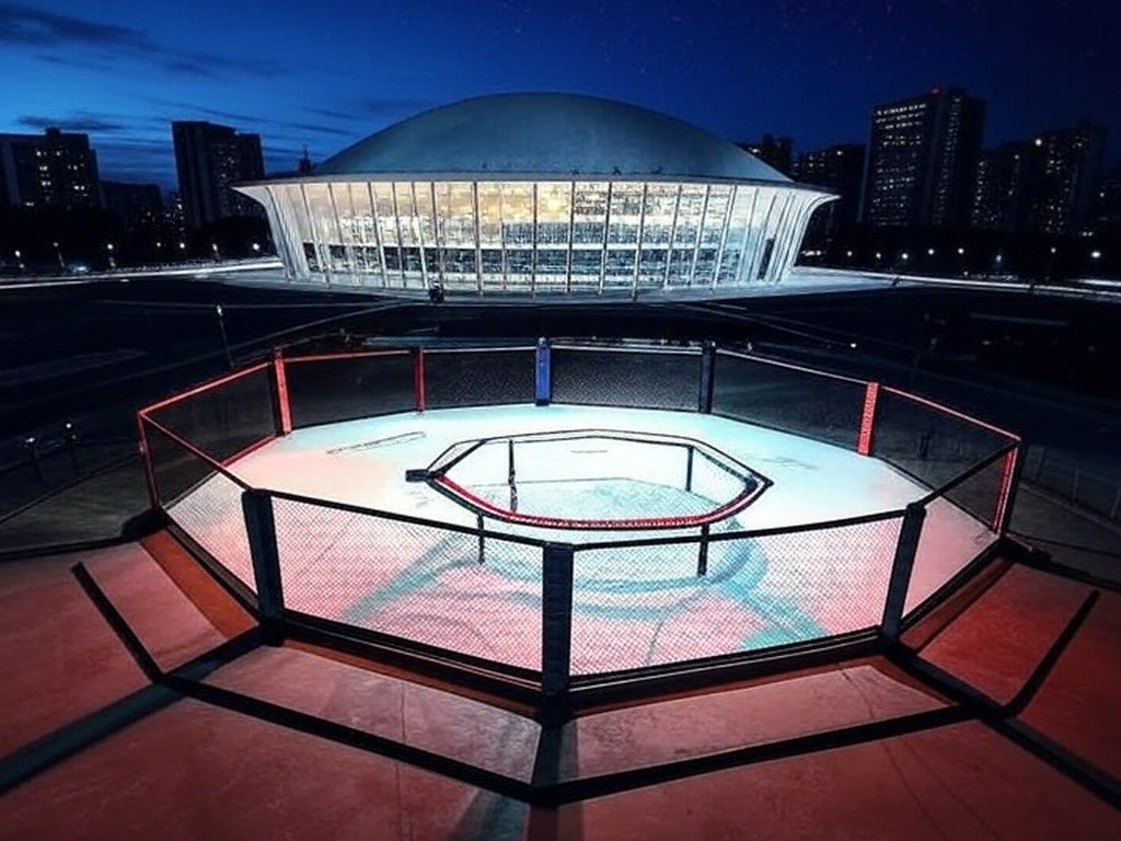 Arena de MMA em Brasília com octógono vazio, representando evento da LFA apoiado por Ibaneis Rocha para 2026.