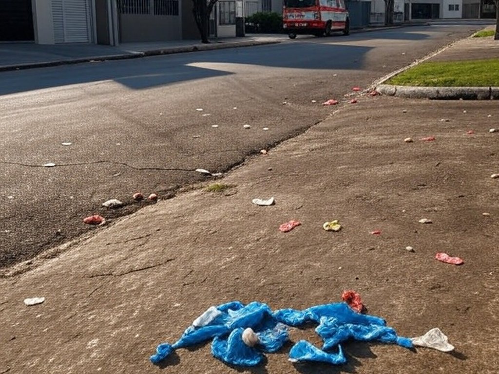 Rua em Vicente Pires com viatura de ambulância e embalagens de chiclete no chão, representando incidente de agressão.