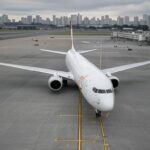 Avião da Gol estacionado no Aeroporto de Congonhas em São Paulo, representando a companhia aérea brasileira.