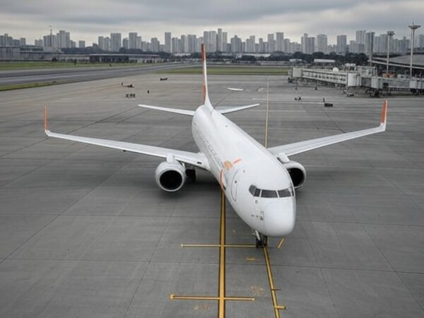 Avião da Gol estacionado no Aeroporto de Congonhas em São Paulo, representando a companhia aérea brasileira.