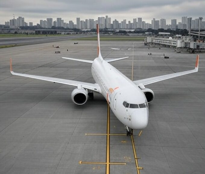 Avião da Gol estacionado no Aeroporto de Congonhas em São Paulo, representando a companhia aérea brasileira.