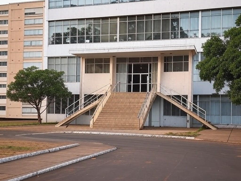 Edifício do laboratório de comunicação na QE 38, Guará, Brasília, com escadas sem rampa destacando questões de acessibilidade.