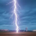 Raio atingindo área aberta no Distrito Federal durante tempestade, representando incidente com hospitalizações de apoiadores.