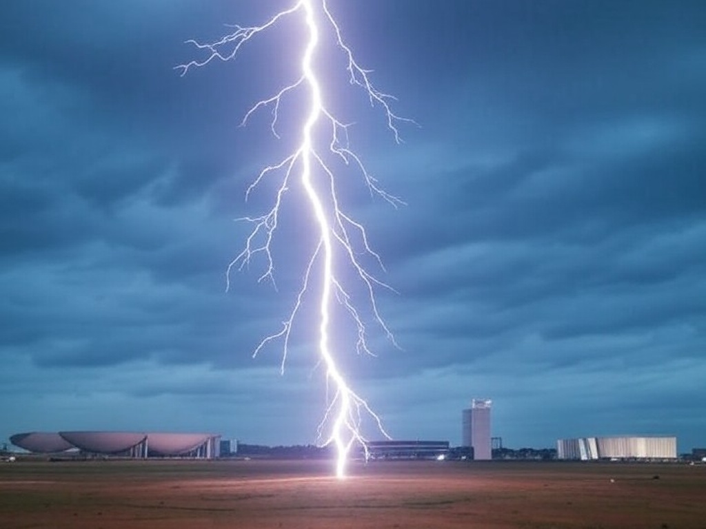 Raio atingindo área aberta no Distrito Federal durante tempestade, representando incidente com hospitalizações de apoiadores.
