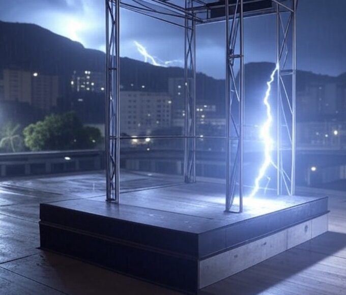 Estrutura metálica atingida por raio em ato político em Belo Horizonte, com céu tempestuoso e marcas de impacto, causando pânico.