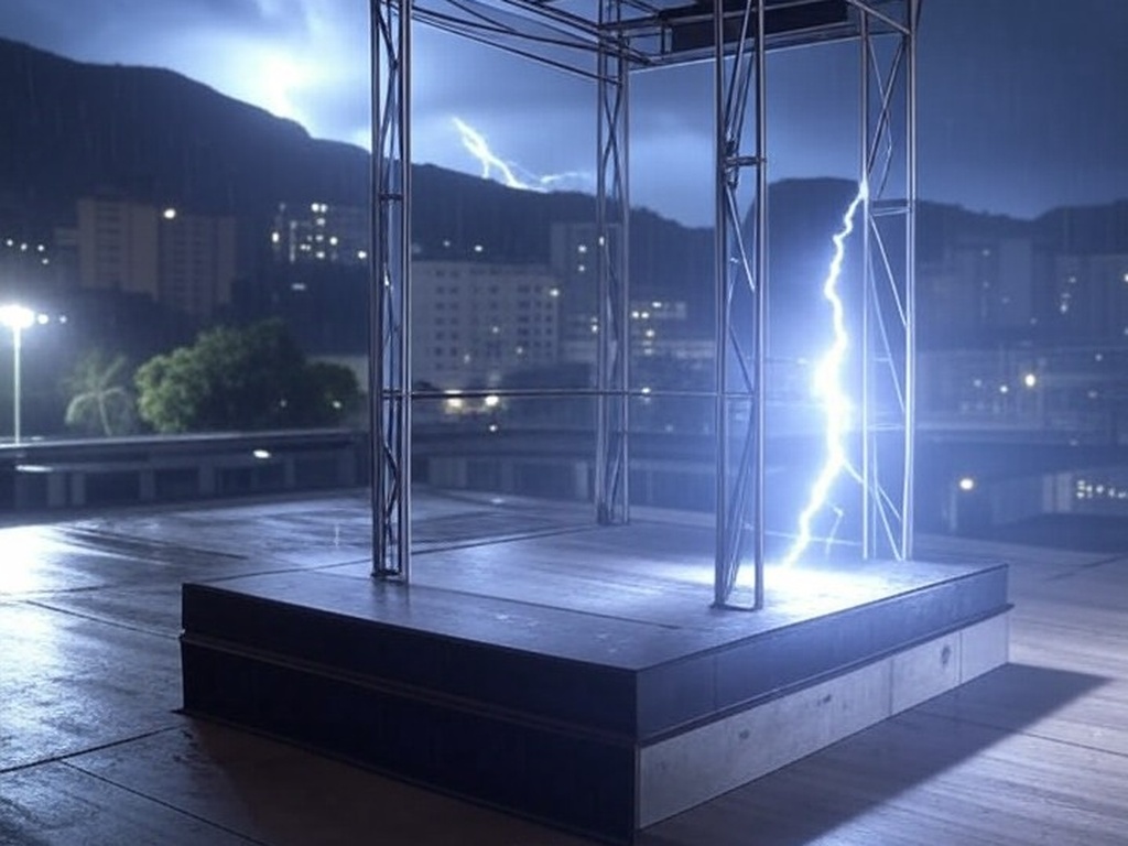 Estrutura metálica atingida por raio em ato político em Belo Horizonte, com céu tempestuoso e marcas de impacto, causando pânico.