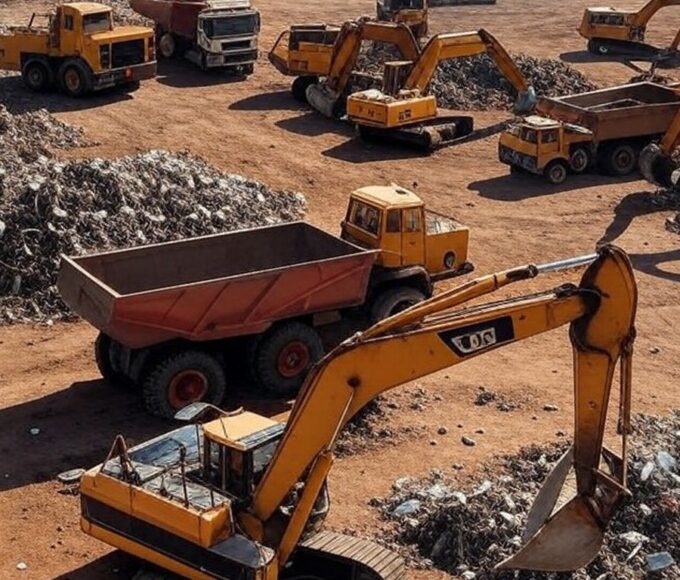 Equipes de limpeza removendo escombros do Torre Palace Hotel em Brasília após implosão, com máquinas em ação.