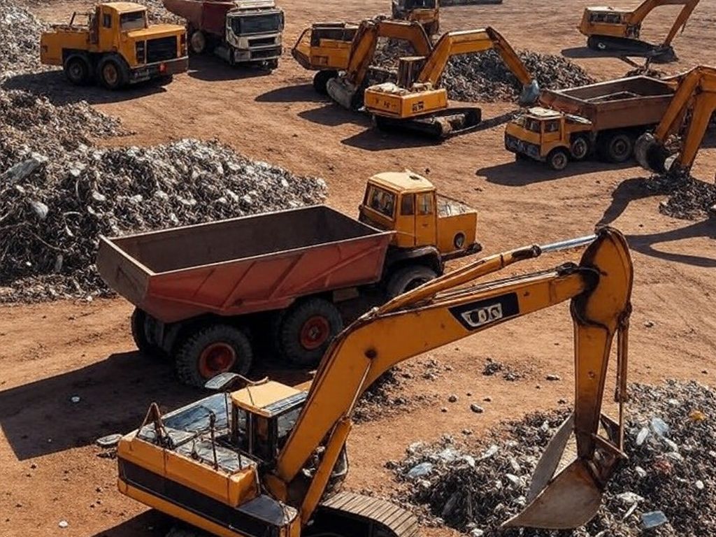 Equipes de limpeza removendo escombros do Torre Palace Hotel em Brasília após implosão, com máquinas em ação.