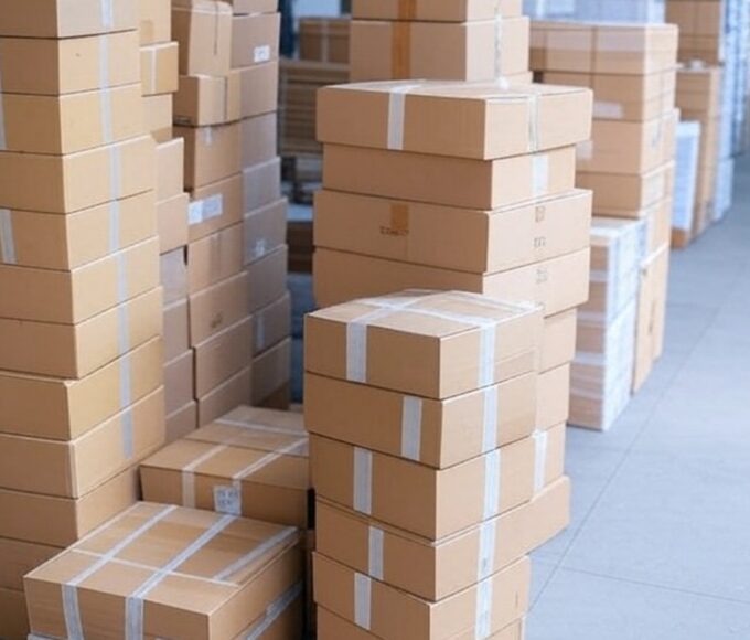 Pilhas de mercadorias apreendidas por auditores no DF contra sonegação de ICMS, em armazém brasiliense.