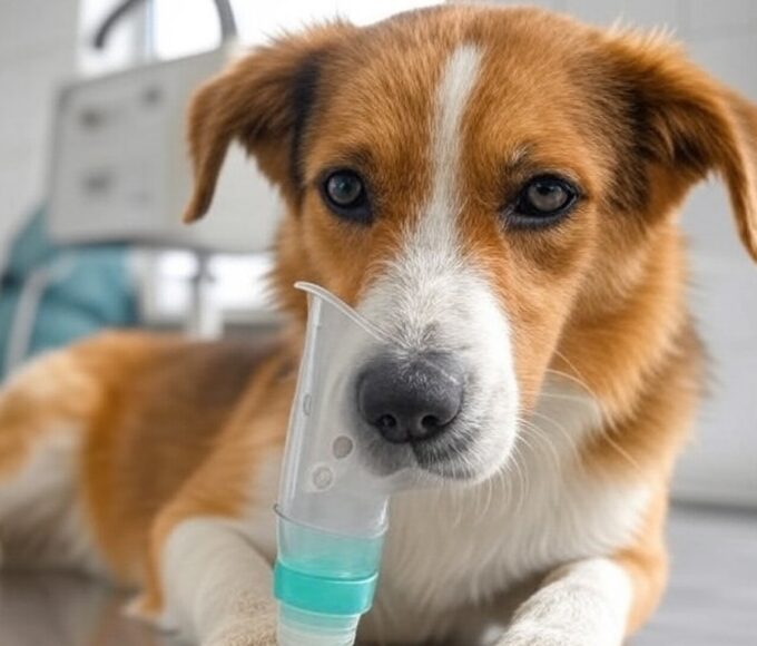 Cão resgatado em Águas Claras segurando nebulizador com a patinha em clínica veterinária.