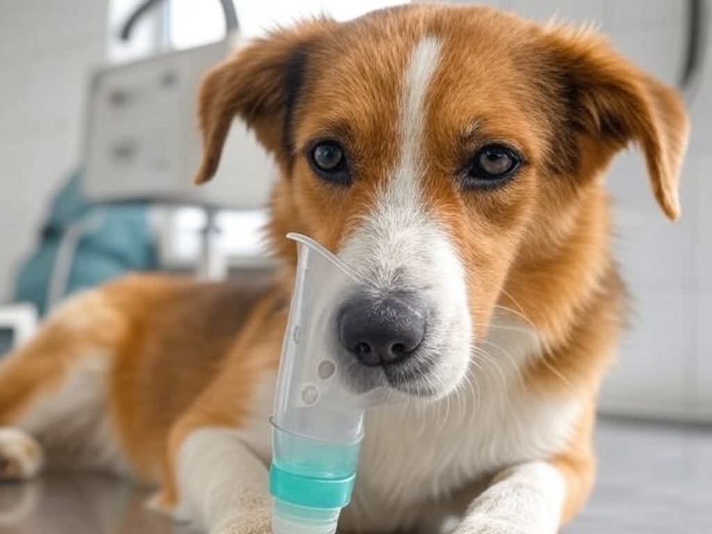 Cão resgatado em Águas Claras segurando nebulizador com a patinha em clínica veterinária.