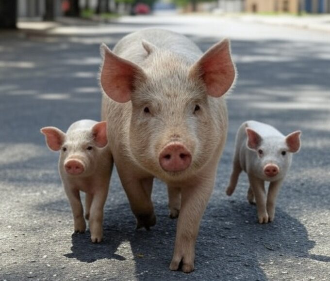 Família de porcos caminhando por rua asfaltada em Águas Claras, DF, com prédios residenciais ao fundo.