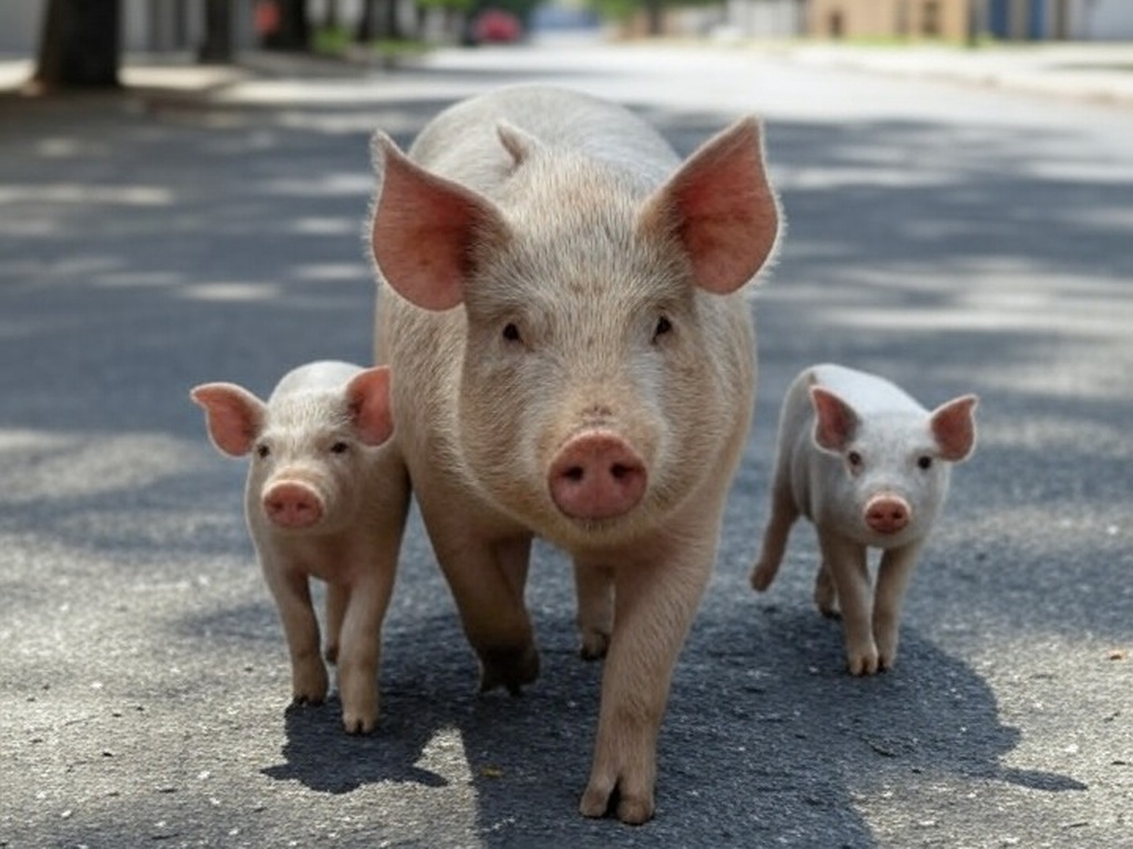 Família de porcos caminhando por rua asfaltada em Águas Claras, DF, com prédios residenciais ao fundo.
