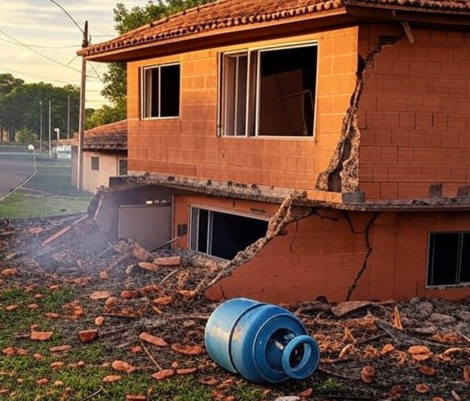 Residência danificada por explosão de botijão de gás em Ceilândia, com destroços e fumaça.