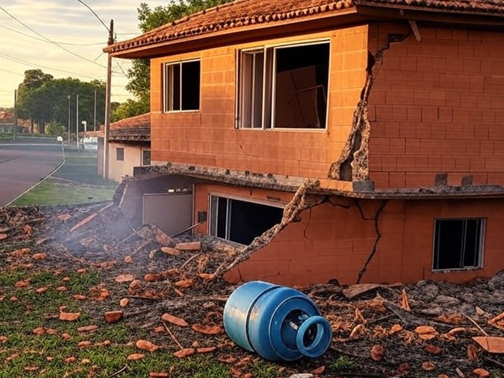 Residência danificada por explosão de botijão de gás em Ceilândia, com destroços e fumaça.
