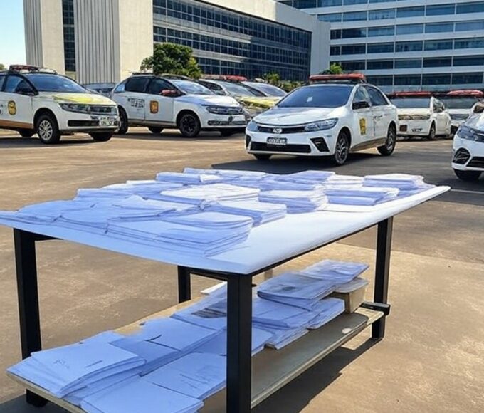 Viaturas da Polícia Civil do DF em operação no Detran de Brasília contra fraudes em transferências de veículos.