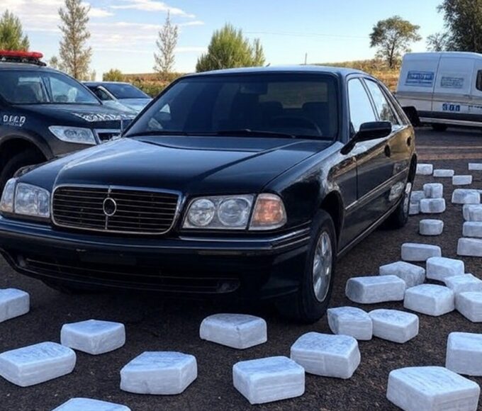 Viaturas da Polícia Federal e carro funerário com pacotes de cocaína apreendida em estrada de Luziânia, Goiás.