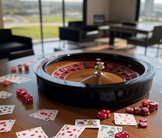 Elementos simbólicos de jogos de azar em mesa com vista para monumentos de Brasília, representando estudo sobre impactos no DF.