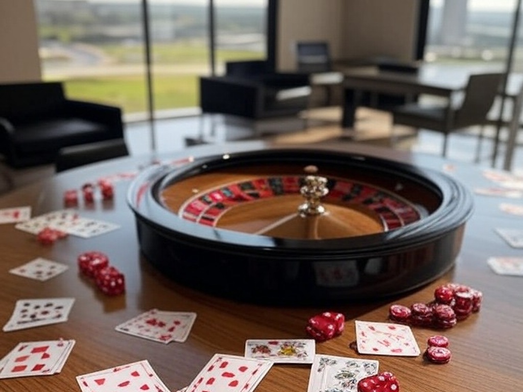 Elementos simbólicos de jogos de azar em mesa com vista para monumentos de Brasília, representando estudo sobre impactos no DF.