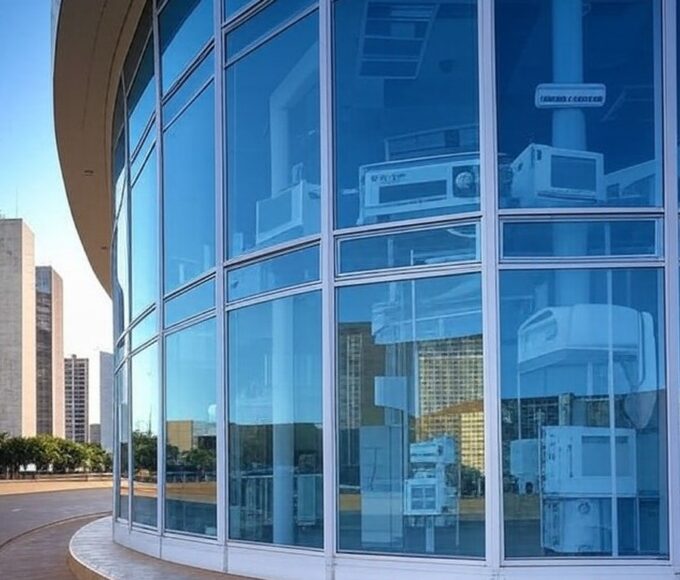 Hospital em Brasília representando exames para cirurgia de catarata, com arquitetura da capital ao fundo.