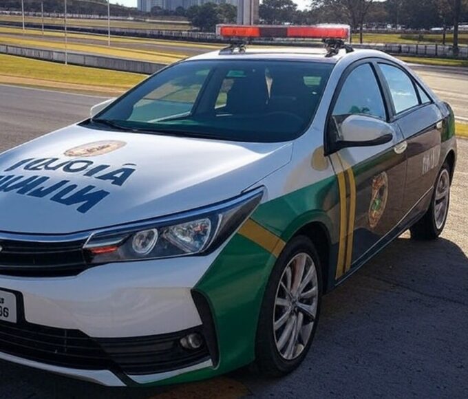 Viatura da Polícia Civil brasileira em autódromo vazio, representando prisão de piloto por agressão.
