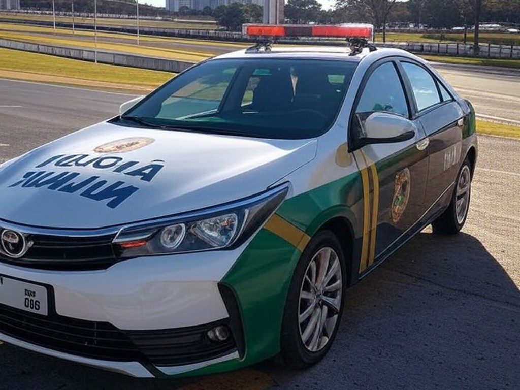 Viatura da Polícia Civil brasileira em autódromo vazio, representando prisão de piloto por agressão.