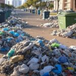 Contêineres de lixo em rua do Guará, DF, com acúmulo de resíduos, ilustrando críticas à administração por ineficácia na coleta.