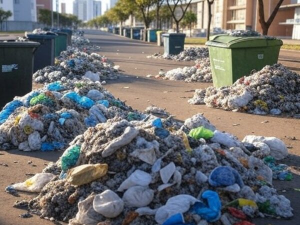 Contêineres de lixo em rua do Guará, DF, com acúmulo de resíduos, ilustrando críticas à administração por ineficácia na coleta.