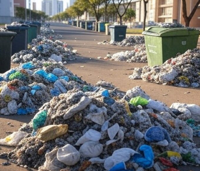 Contêineres de lixo em rua do Guará, DF, com acúmulo de resíduos, ilustrando críticas à administração por ineficácia na coleta.