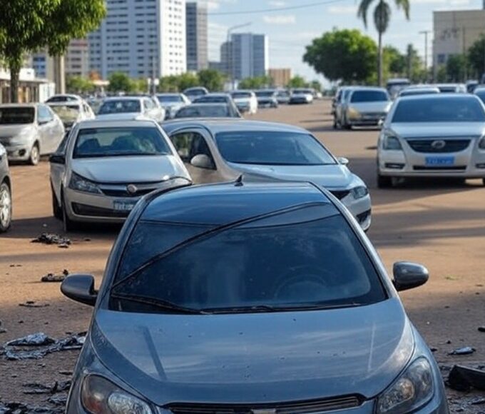 Cena de acidente com capotamento de carro Onix em rua de Águas Claras, Brasília, com veículos danificados e detritos no asfalto.