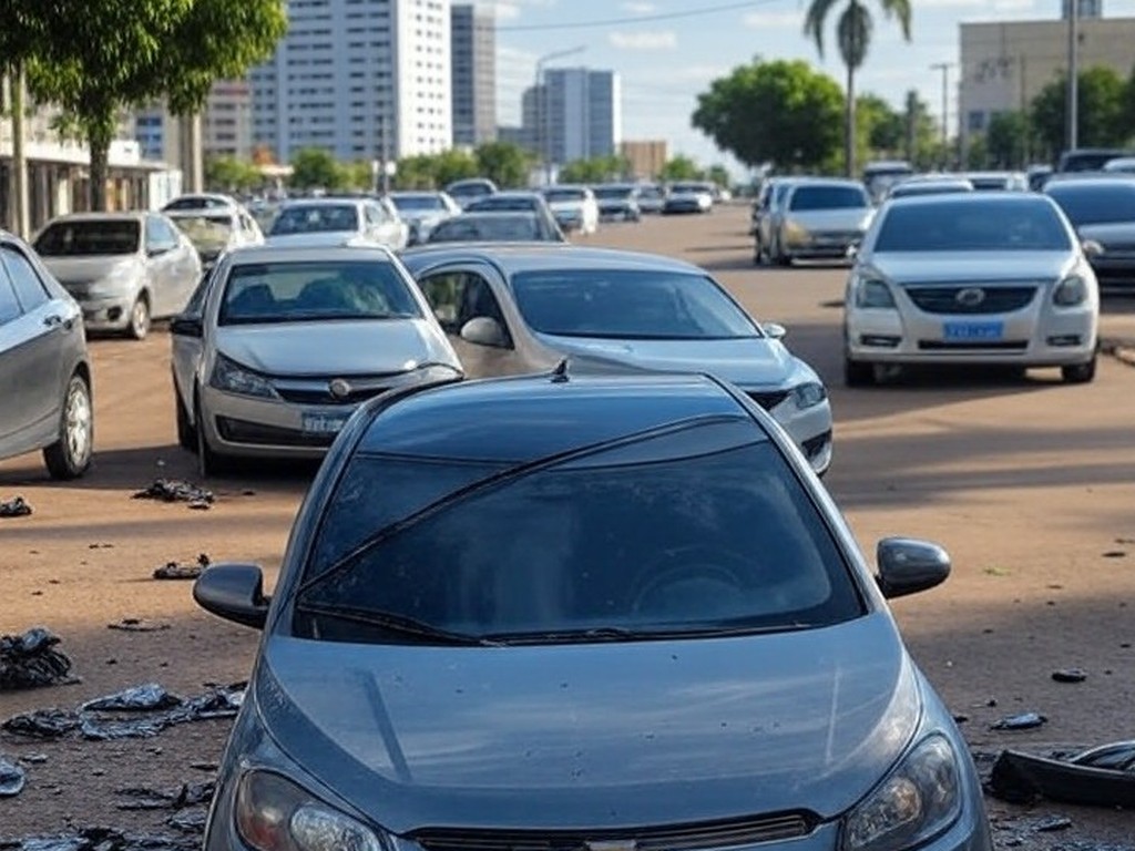 Cena de acidente com capotamento de carro Onix em rua de Águas Claras, Brasília, com veículos danificados e detritos no asfalto.