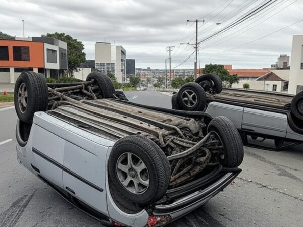 Cena de capotagens em Águas Claras e Sobradinho no DF, com veículos danificados em estradas urbanas.