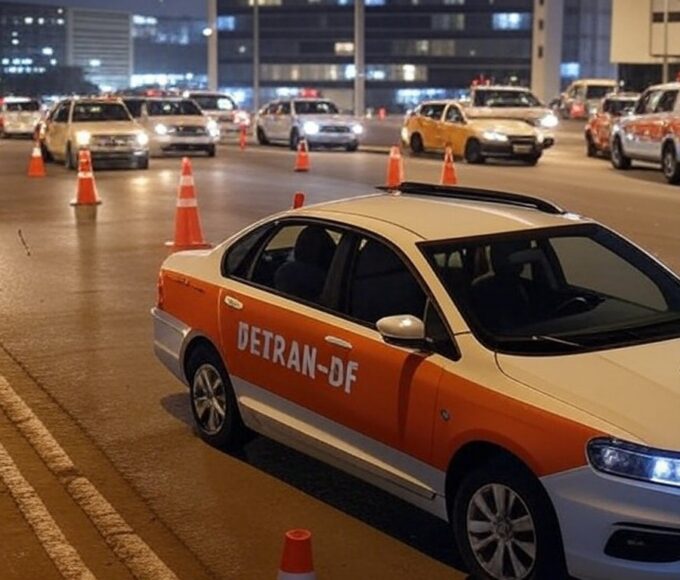Operação surpresa do Detran-DF em avenida de Brasília com viaturas e cones, fiscalizando motoristas alcoolizados e colisões no Distrito Federal.