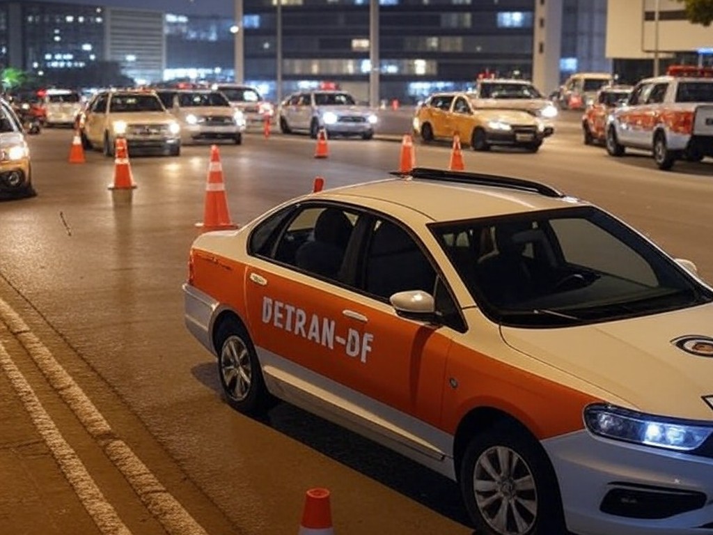 Operação surpresa do Detran-DF em avenida de Brasília com viaturas e cones, fiscalizando motoristas alcoolizados e colisões no Distrito Federal.