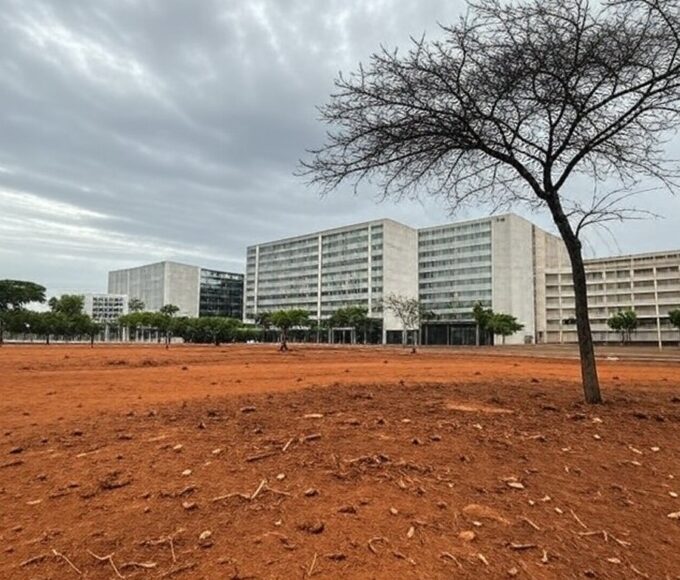 Área urbana em Brasília com árvores plantadas e vegetação negligenciada, destacando impactos ambientais no DF.