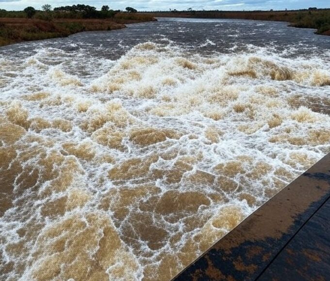 Reservatório do Descoberto transbordando, destacando falhas no abastecimento hídrico do DF.