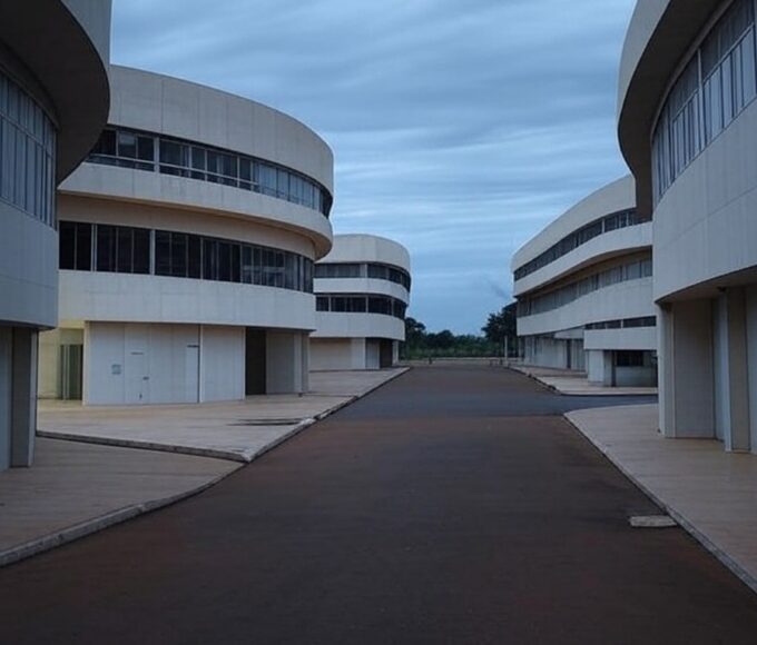 Prédio governamental fechado em Brasília contrastando com escritórios privados iluminados, destacando desigualdades entre setores.