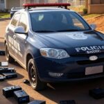 Viatura da Polícia Civil do DF em rua de Ceilândia com itens apreendidos de quadrilha de furtos e tráfico.