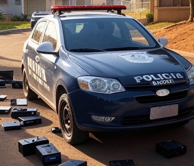 Viatura da Polícia Civil do DF em rua de Ceilândia com itens apreendidos de quadrilha de furtos e tráfico.