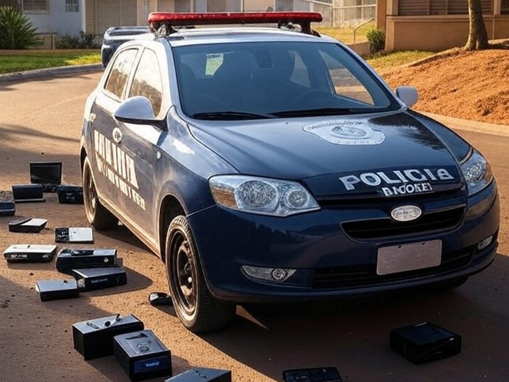 Viatura da Polícia Civil do DF em rua de Ceilândia com itens apreendidos de quadrilha de furtos e tráfico.