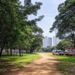 Trilha de caminhada vazia em parque de Águas Claras com ambulância, ilustrando parada cardiorrespiratória durante caminhada.
