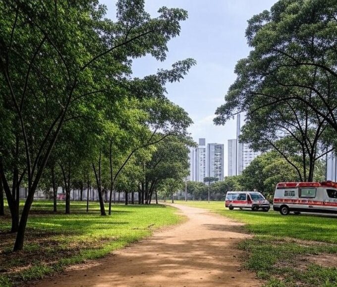 Trilha de caminhada vazia em parque de Águas Claras com ambulância, ilustrando parada cardiorrespiratória durante caminhada.