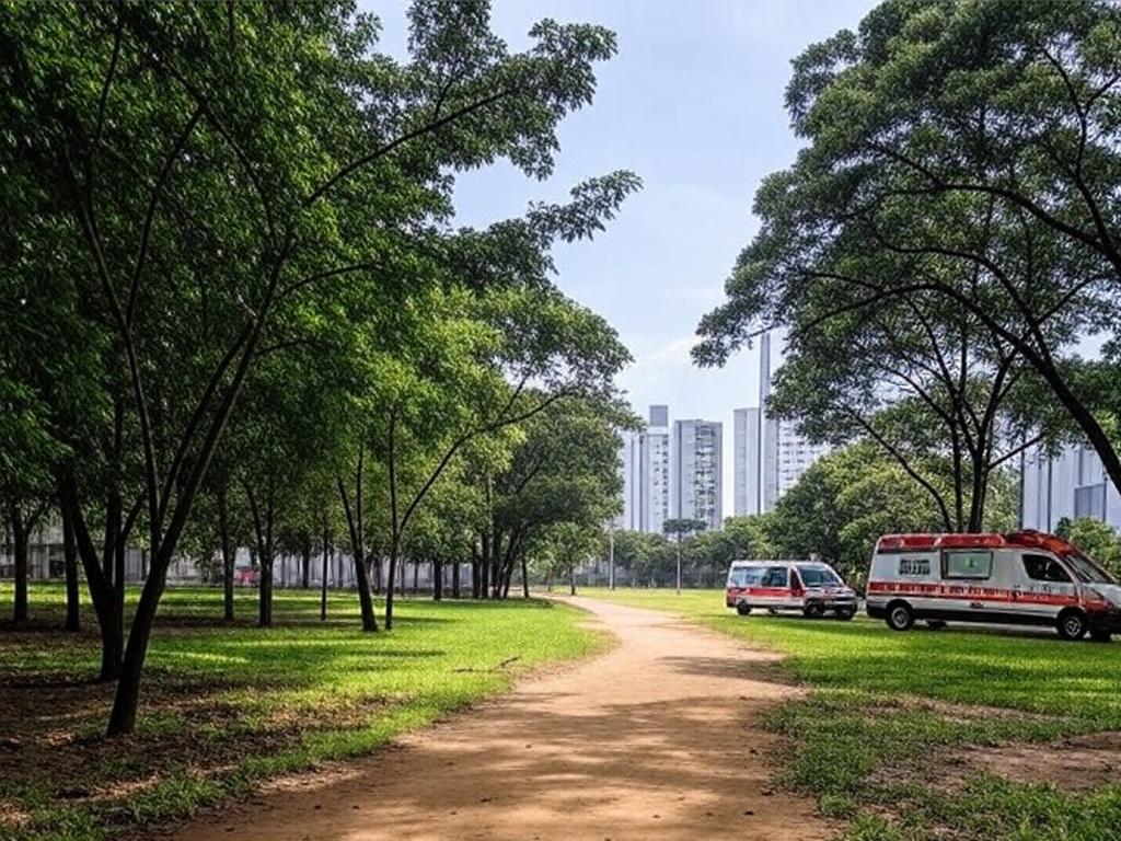 Trilha de caminhada vazia em parque de Águas Claras com ambulância, ilustrando parada cardiorrespiratória durante caminhada.