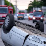 Cena de acidente com carro capotado em avenida de Águas Claras, DF, com viaturas de emergência ao fundo.